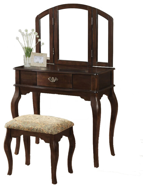 Tri Folding Mirror Vanity Set Wooden Make Up Table Cushion Bench Tri Folding Mirror Vanity Set Wooden Make Up Table Cushion Bench Drawer Cherry