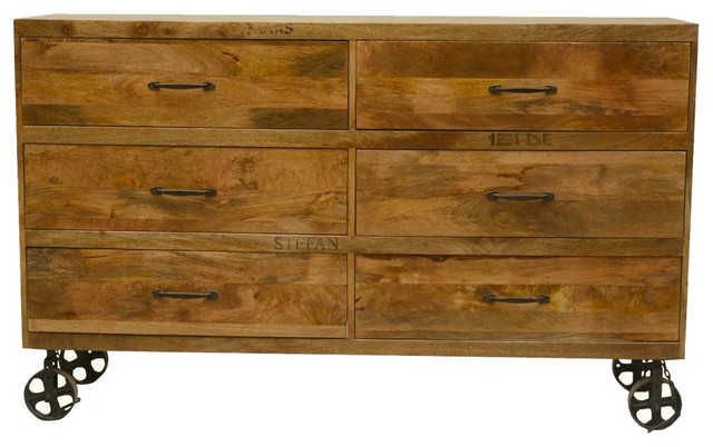Dallas Solid Wood Factory Cart Style 6 Drawer Double Dresser Dallas Solid Wood Factory Cart Style 6 Drawer Double Dresser