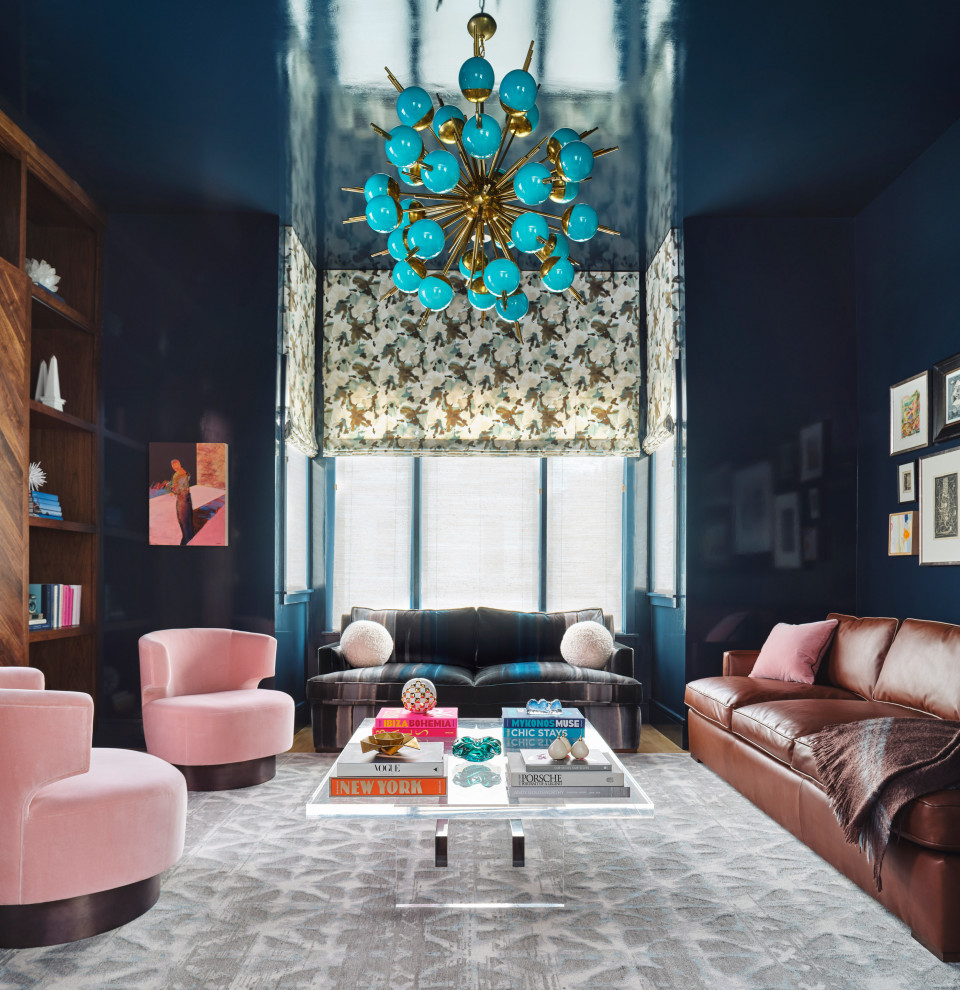 Presidio Contemporary - Living room - contemporary formal and enclosed medium tone wood floor and brown floor living room idea in San Francisco with blue walls, no fireplace and no tv