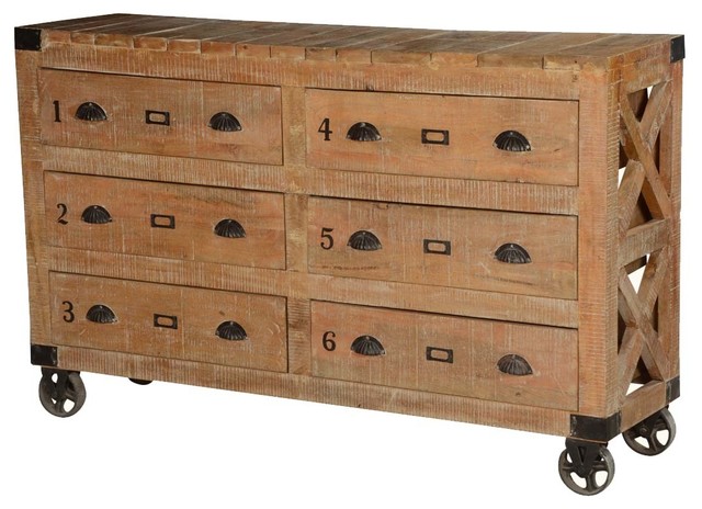 Solid Wood Factory Cart Style Rustic 6 Drawer Double Dresser Solid Wood Factory Cart Style Rustic 6 Drawer Double Dresser