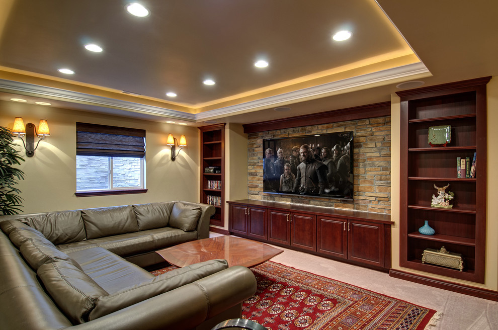 Photo of a large traditional look-out basement in Denver with beige walls, porcelain floors, no fireplace and beige floor.