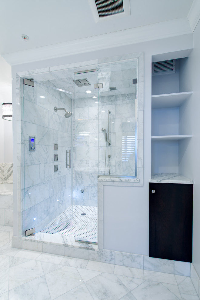 Inspiration for a large transitional bathroom in Chicago with an undermount sink, flat-panel cabinets, dark wood cabinets, marble benchtops, an undermount tub, a one-piece toilet, white tile, stone tile, white walls, marble floors, an alcove shower and with a sauna.