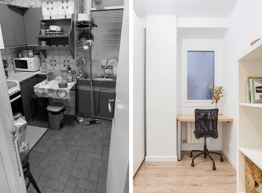 Kleines Nordisches Arbeitszimmer mit Studio, weißer Wandfarbe, braunem Holzboden, Einbau-Schreibtisch und braunem Boden in Barcelona