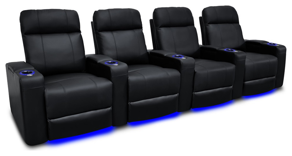 Valencia Piacenza Power Headrest Top Grain Leather Home Theater Seating Black, Black, Row of 4