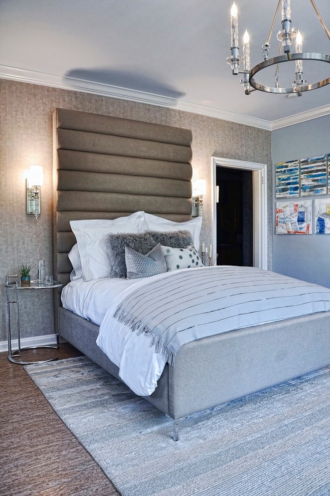 Mid-sized transitional guest bedroom in Los Angeles with blue walls, cork floors and no fireplace.