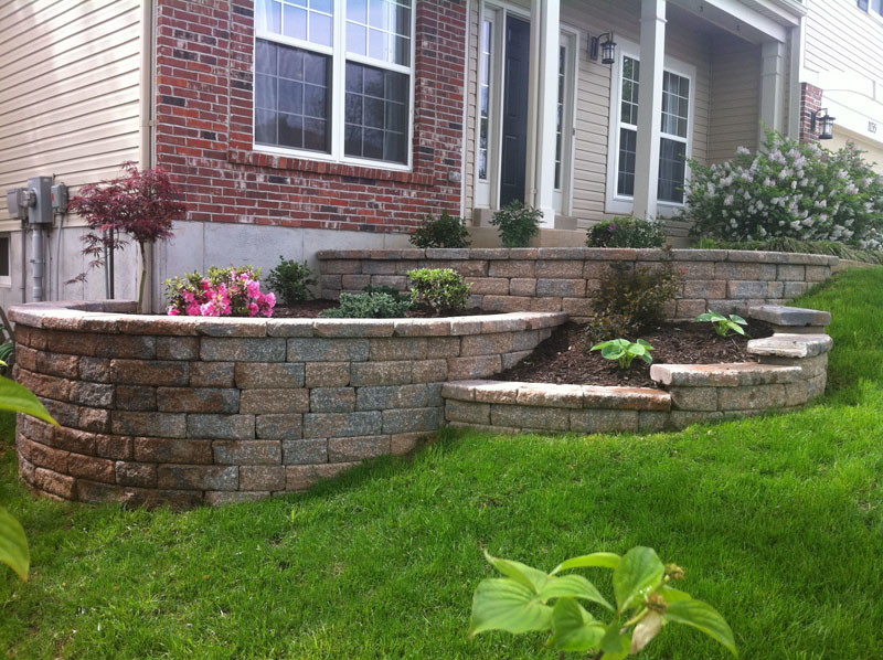 Design ideas for a small traditional front yard partial sun garden in St Louis with a retaining wall and brick pavers.