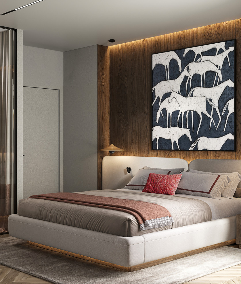На фото: хозяйская спальня среднего размера, в белых тонах с отделкой деревом в современном стиле с серыми стенами, полом из ламината, бежевым полом, многоуровневым потолком, обоями на стенах и акцентной стеной без камина