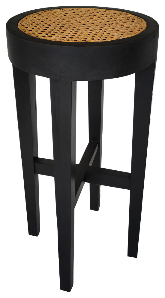 Mila Black Backless Teak and Cane Bar Stool, 28" - Tropical - Bar Stools  And Counter Stools - by A Touch of Design | Houzz
