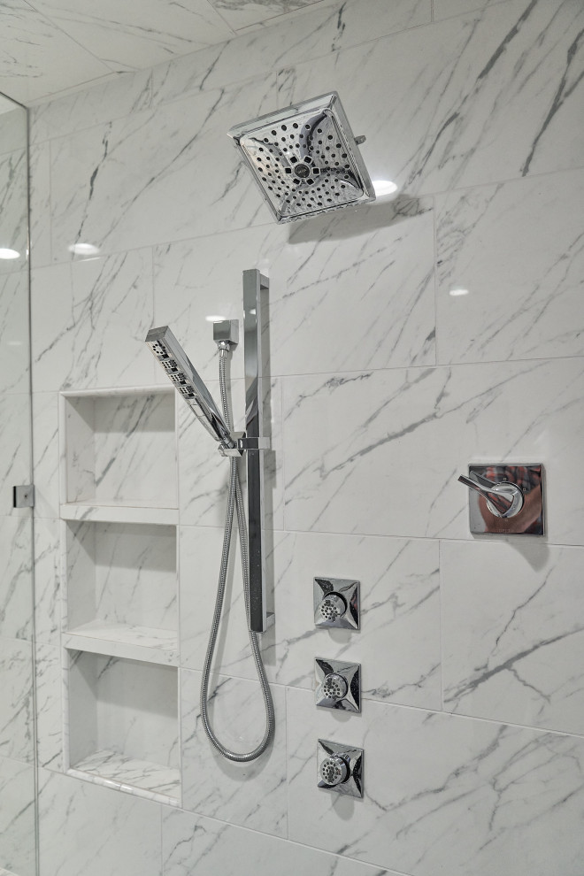 Photo of a mid-sized contemporary bathroom in Phoenix with shaker cabinets, dark wood cabinets, a drop-in tub, white tile, porcelain tile, white walls, porcelain floors, a drop-in sink, engineered quartz benchtops, white floor, a hinged shower door, white benchtops, a double vanity and a built-in vanity.