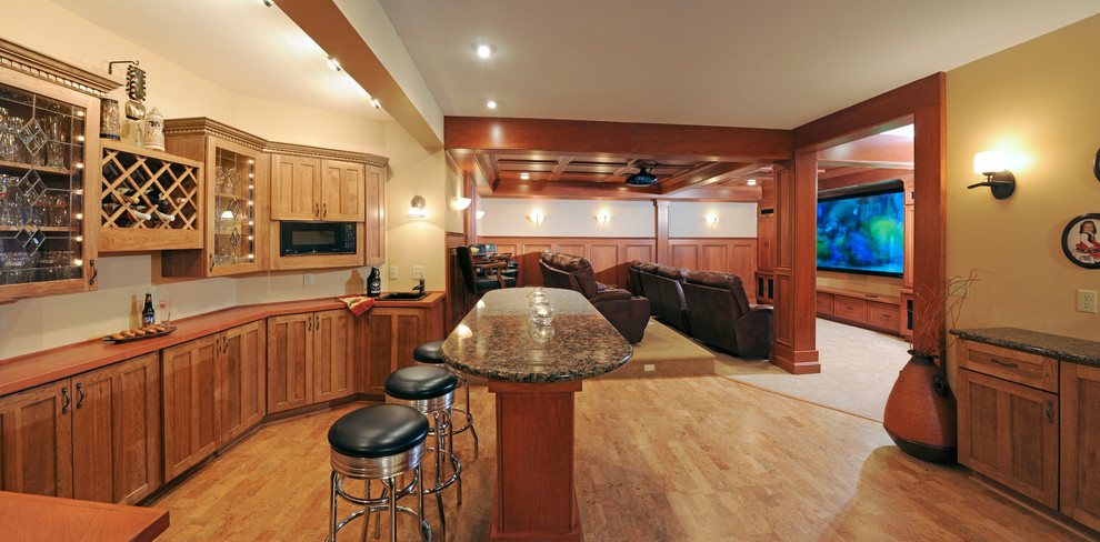 This is an example of a large traditional fully buried basement in Other with beige walls, light hardwood floors, no fireplace and beige floor.