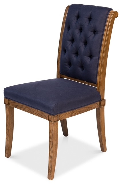 41 Set Of Two Side Chair Dining Wood Linen Dark Blue Brown