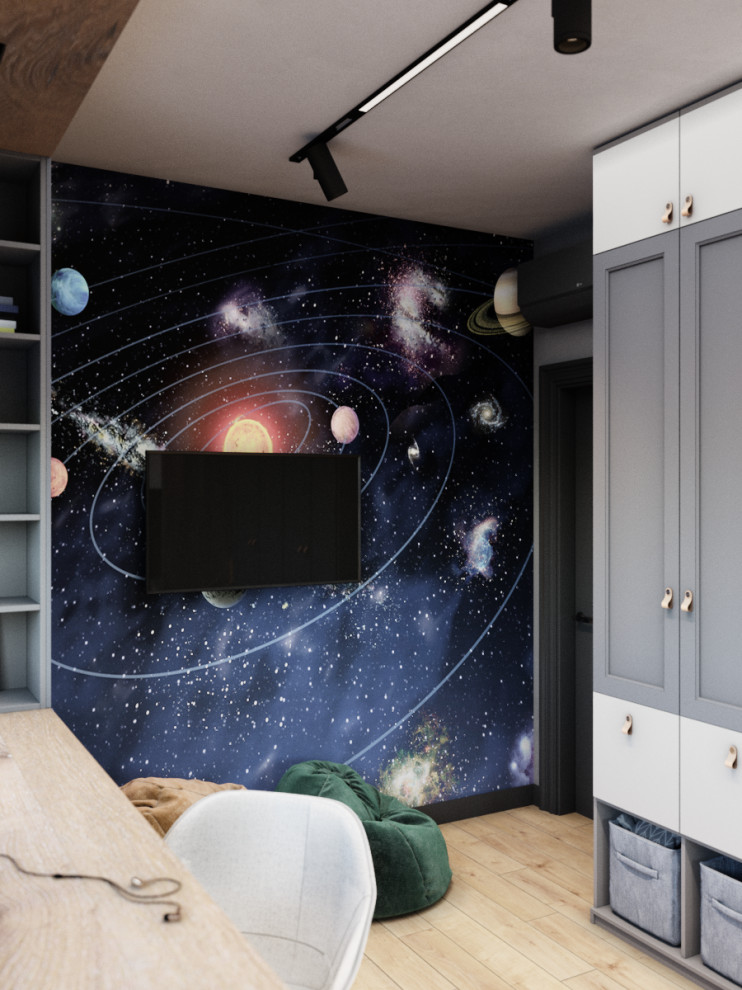 Bild på ett industriellt pojkrum kombinerat med sovrum och för 4-10-åringar, med grå väggar, mellanmörkt trägolv och brunt golv