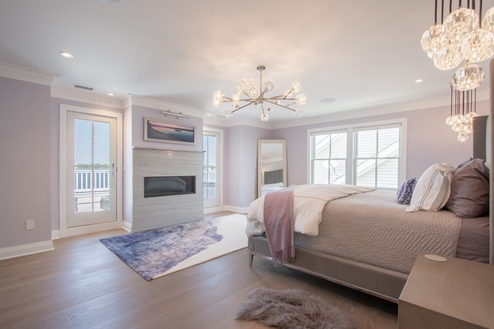 Inspiration for a mid-sized modern master bedroom in New York with purple walls, light hardwood floors, a standard fireplace and a stone fireplace surround.