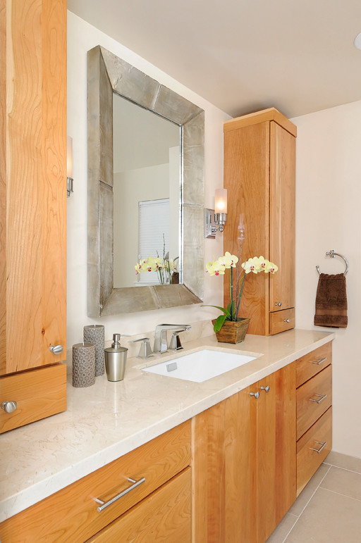 Mid-sized contemporary bathroom in San Francisco with a drop-in sink and white walls.