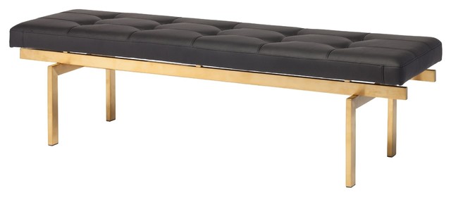 Louve Long Brushed Gold Stainless Steel Frame Bench, Black