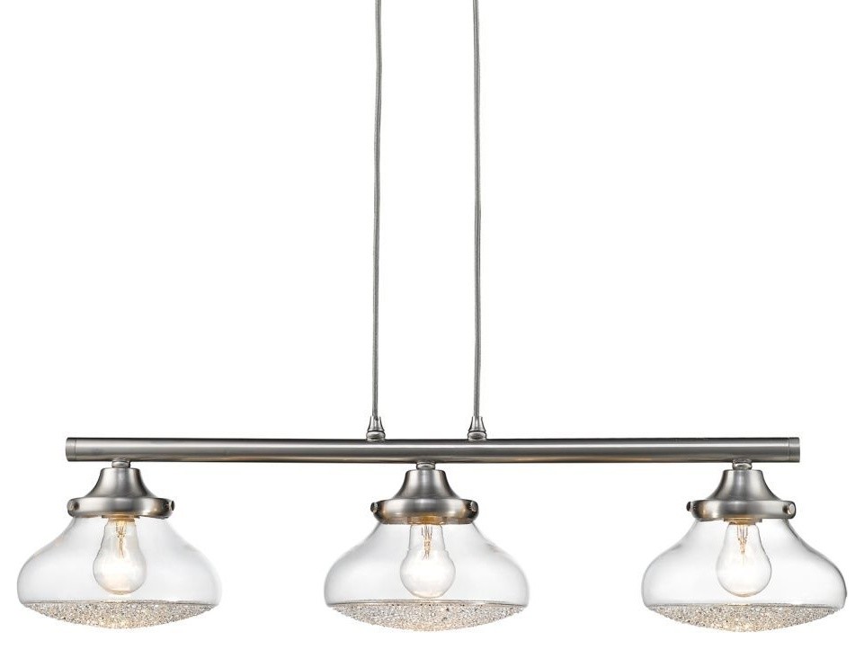 3-Light Linear Brushed Nickel Pendant With Crushed Crystal Glass