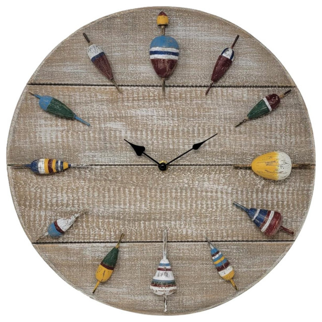 Rustic Round Wood Ships Buoy Wall Clock 16 in Nautical Coastal Vintage