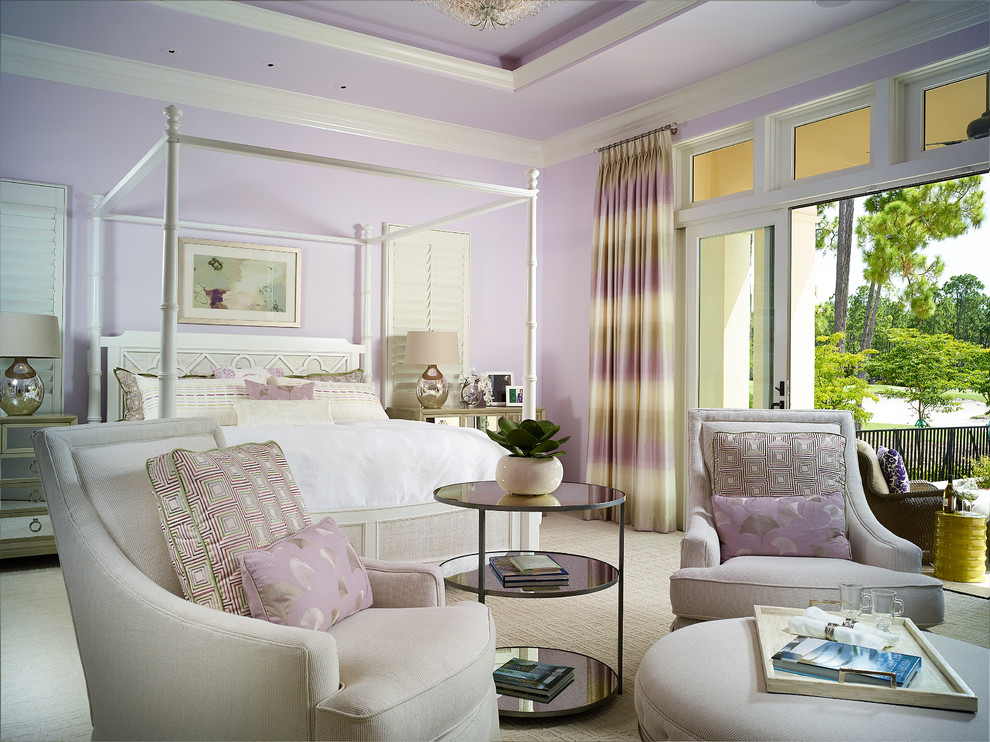 Photo of a tropical bedroom in Miami with purple walls and carpet.
