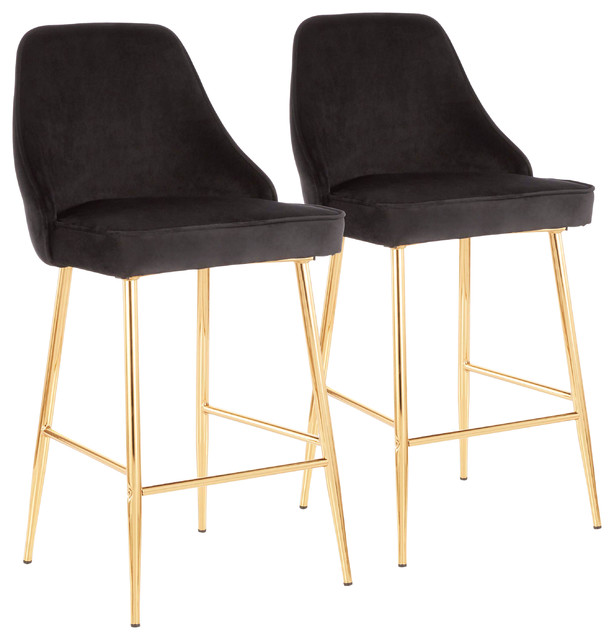 Marcel Contemporary/Glam Counter Stool in Gold Metal and Black Velvet