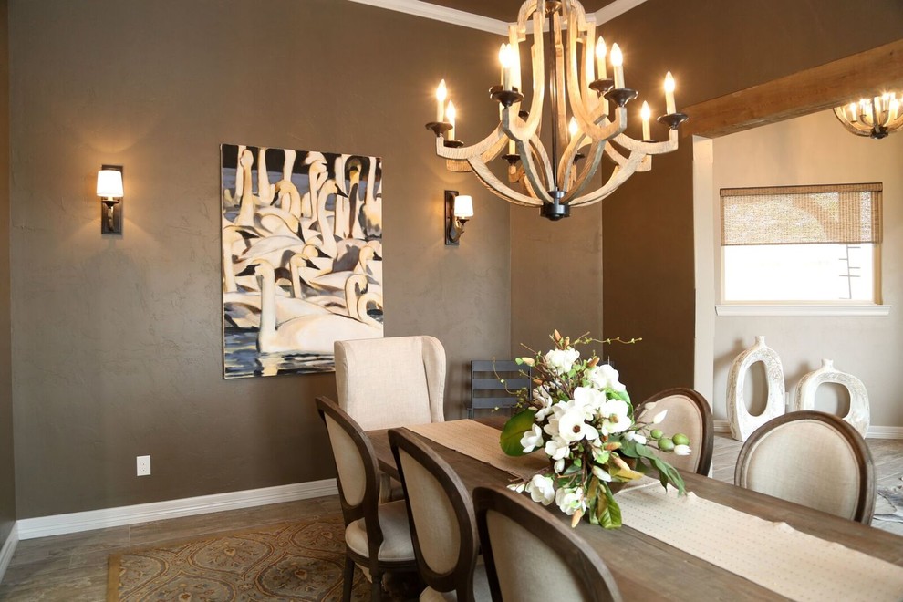Enclosed dining room - mid-sized transitional light wood floor enclosed dining room idea with brown walls and no fireplace