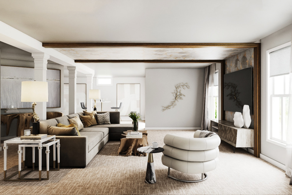 Réalisation d'un grand sous-sol design donnant sur l'extérieur avec un bar de salon, un mur beige, moquette, un sol beige, un plafond en bois et du papier peint.