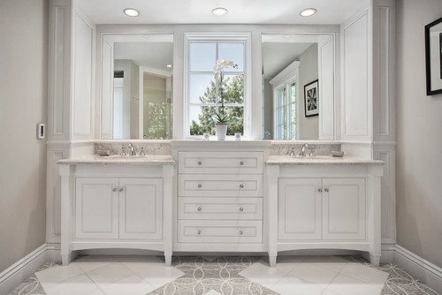 Bathroom Cabinetry White Walls Marble Countertop Ample Storage Shaker Style Cabinets White Subway Tiles 