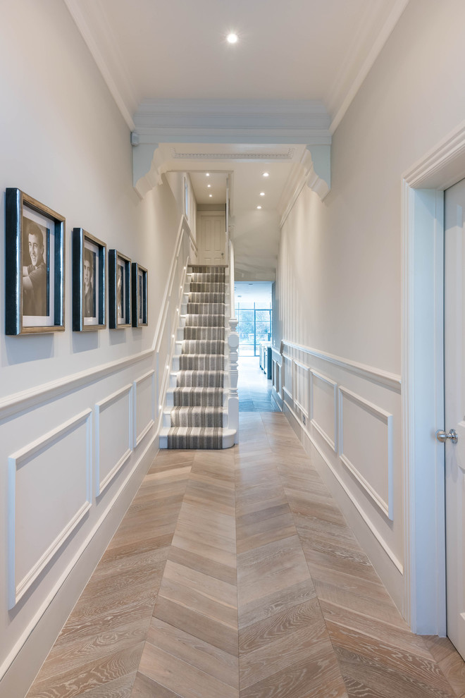 Design ideas for an expansive modern entry hall in London with light hardwood floors and white walls.