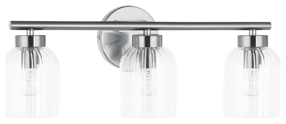 Vienna 3 Light Incandescent Vanity, Polished Chrome, Clear Ribbed Glass