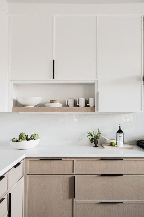 Photo of a small modern u-shaped separate kitchen in Austin with a drop-in sink, flat-panel cabinets, white cabinets, zinc benchtops, white splashback, stone tile splashback, panelled appliances, porcelain floors, with island, white floor and white benchtop.