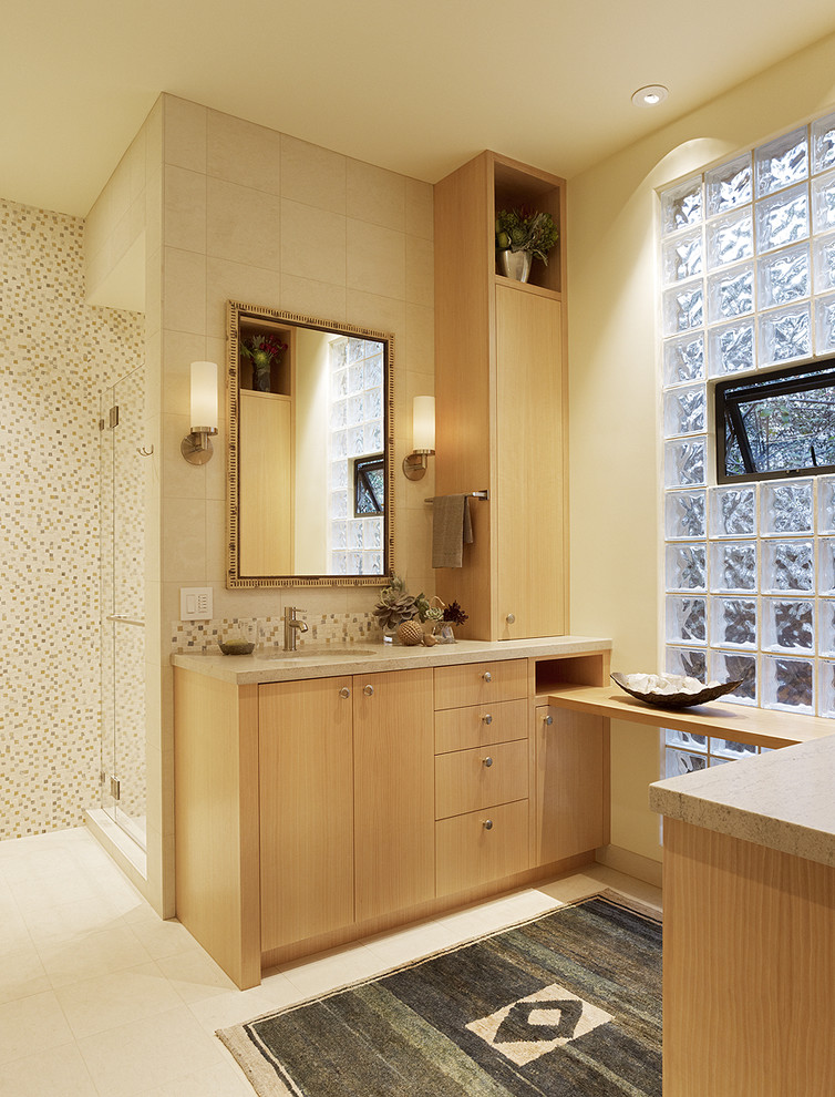 Photo of a transitional bathroom in San Francisco with mosaic tile.