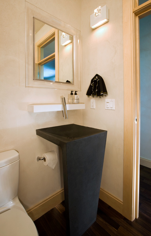 Inspiration for a transitional dark wood floor bathroom remodel in Denver with a pedestal sink, a two-piece toilet and beige walls