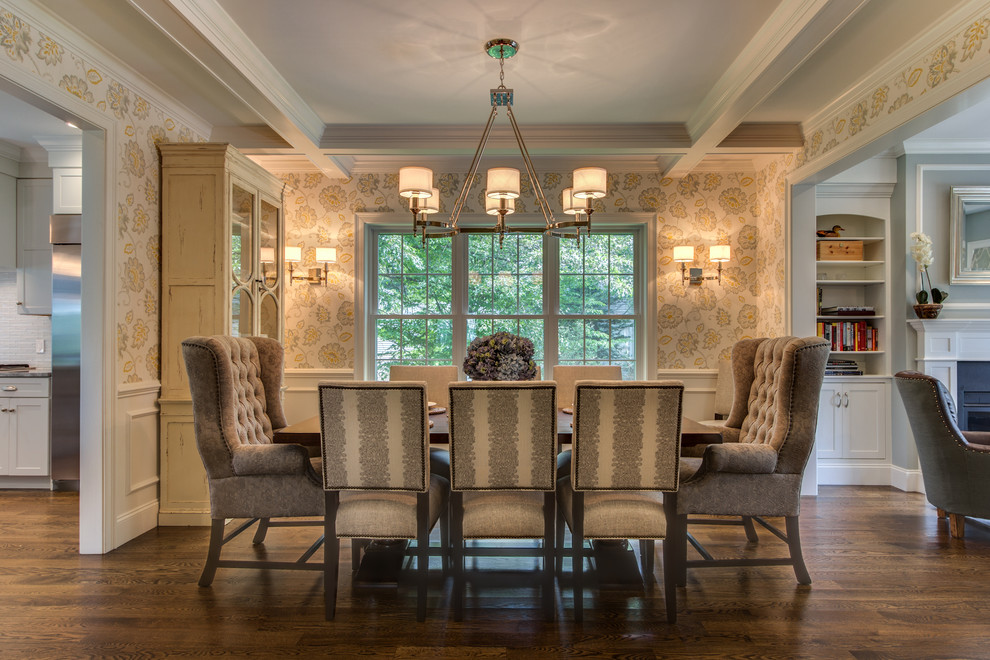 Inspiration for a traditional dining room in Boston with dark hardwood floors.