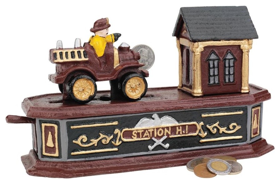Fire Engine Station Number 1 Collectors' DieCast Iron Mechanical Coin
