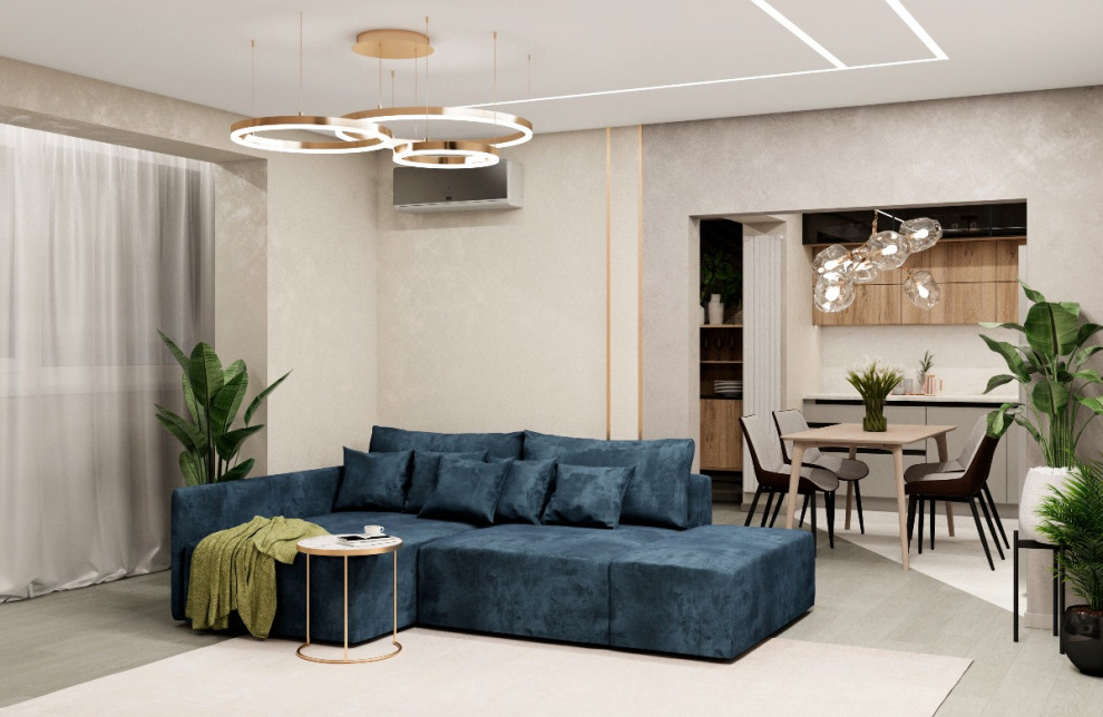 Уютная кухня-гостиная с камином