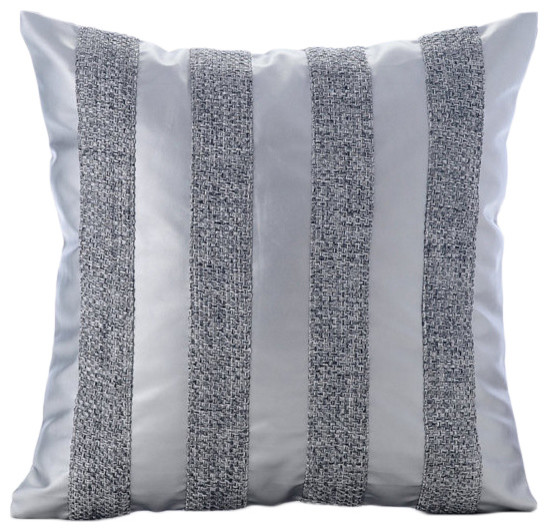 Silver Leather N Jute Stripes Silver Faux Leather Throw Pillow