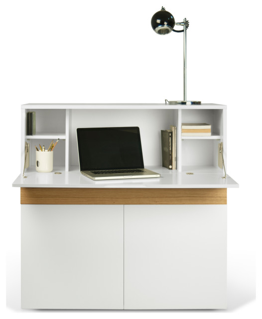 Modern Home Office Desk Hutch, White and Oak Transitional Desks And