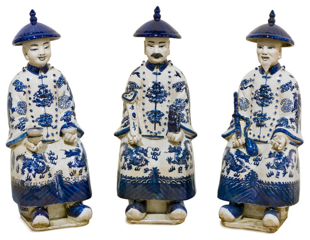 Qing Dynasty Emperor Figurines In Blue And White Porcelain Set Of 3 Qing Dynasty Emperor Figurines In Blue And White Porcelain Set Of 3