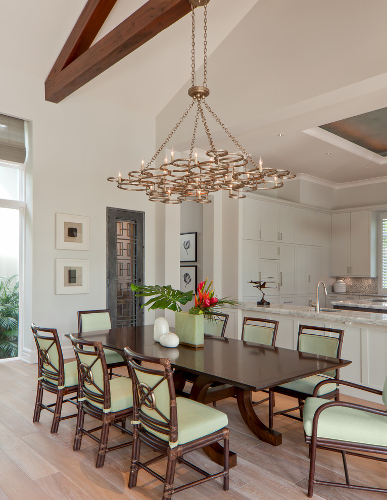 Example of a transitional light wood floor kitchen/dining room combo design in Miami with white walls