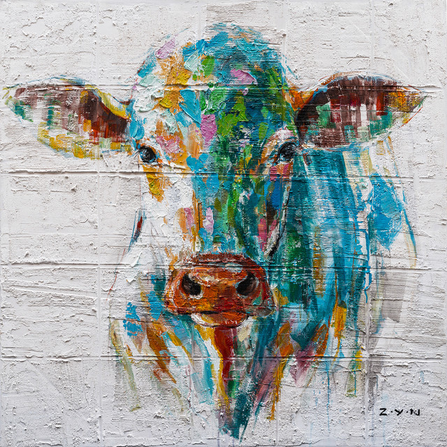 "Colorful Cow Hand Painted" Canvas Artwork, 40"x40" Farmhouse