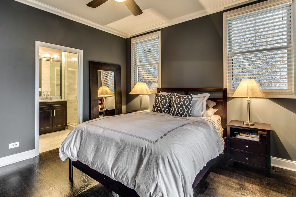 Photo of a mid-sized contemporary master bedroom in Chicago with grey walls and dark hardwood floors.