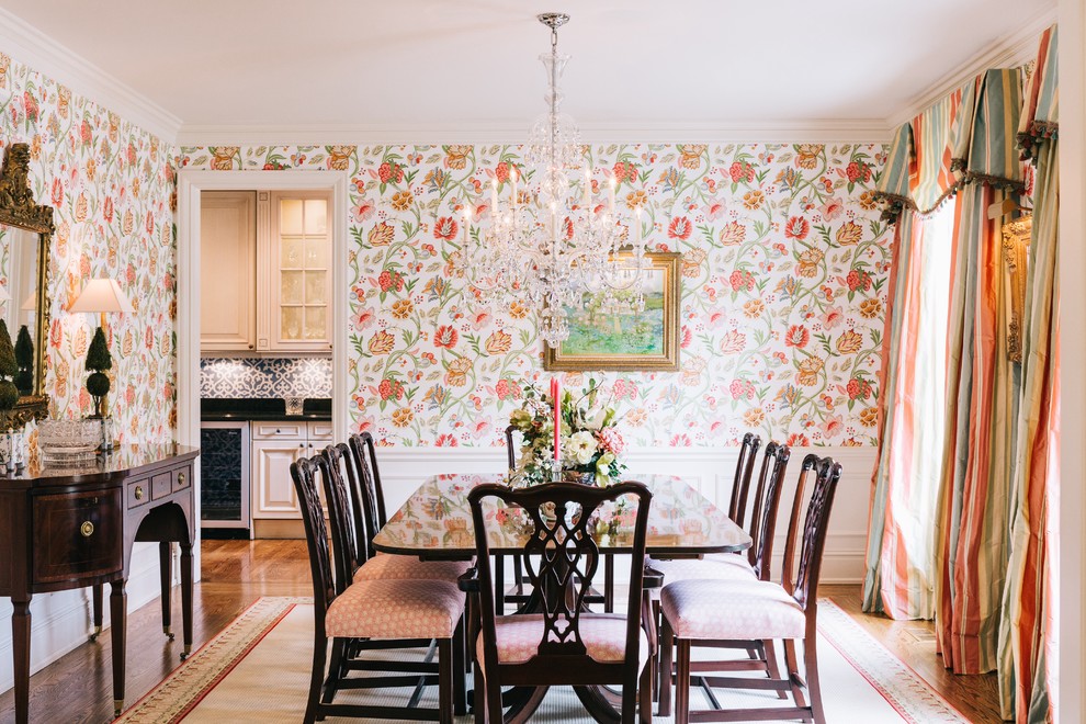 Inspiration for a traditional separate dining room in Detroit with multi-coloured walls.