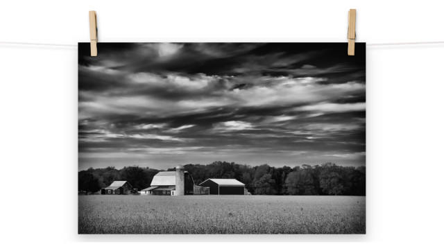 Modern Farm House Wall Decor: Barn Field Landscape Photo Black & White, 12" X 18"