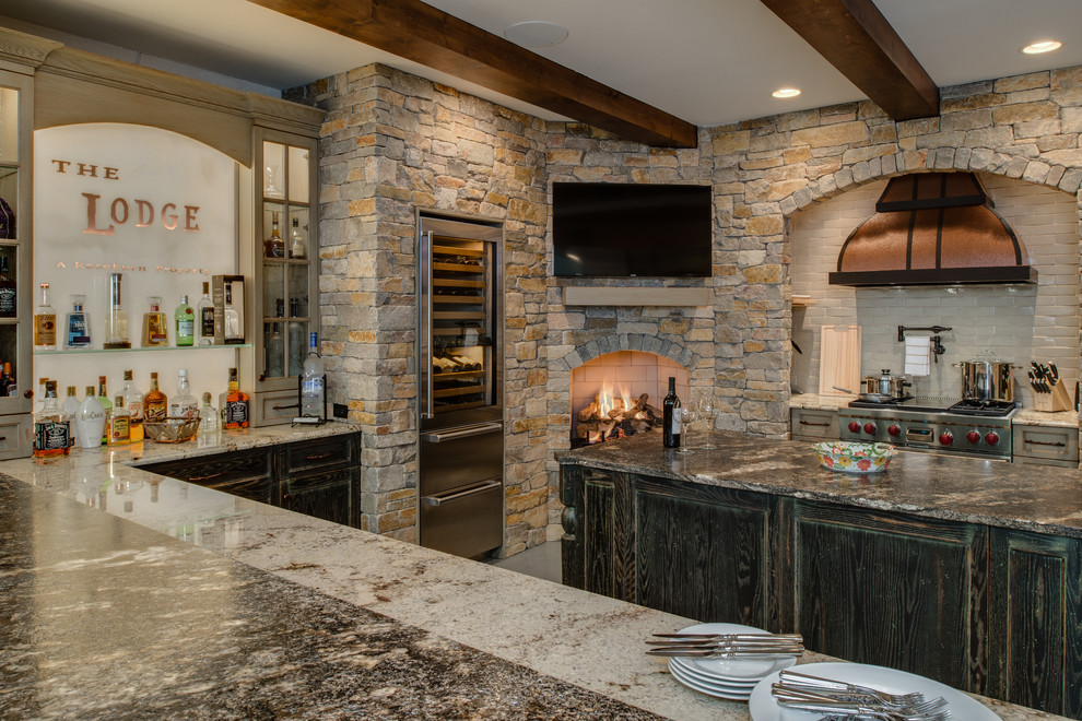 Inspiration for a rustic concrete floor eat-in kitchen remodel with a farmhouse sink, distressed cabinets, granite countertops, stainless steel appliances, white backsplash, subway tile backsplash, recessed-panel cabinets and an island