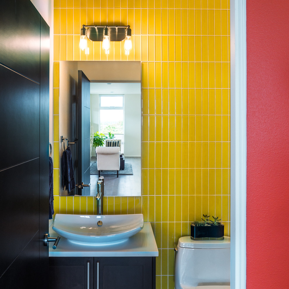 Photo of a small contemporary bathroom in Seattle with beaded inset cabinets, dark wood cabinets, yellow tile and matchstick tile.