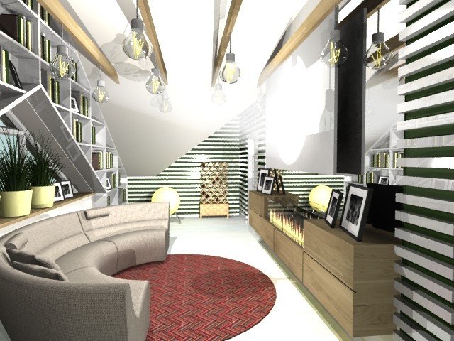 гостиная на мансардном этаже с библиотекой