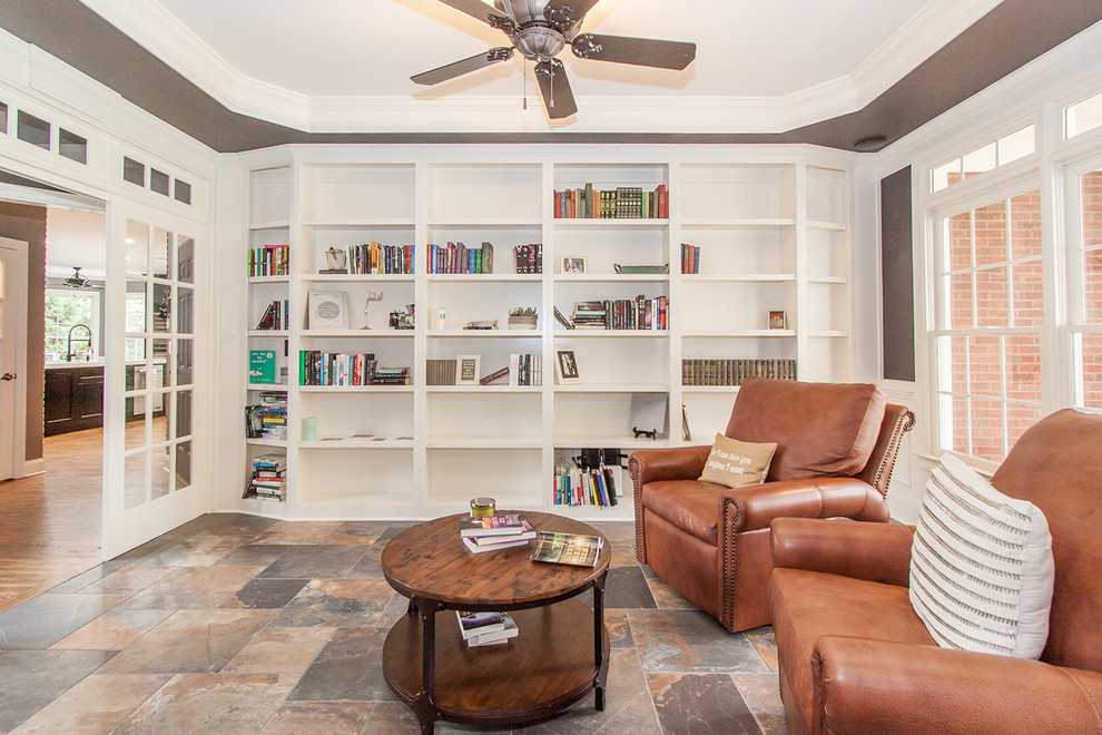 Transitional enclosed family room in Atlanta with a library, grey walls, no fireplace, no tv and multi-coloured floor.