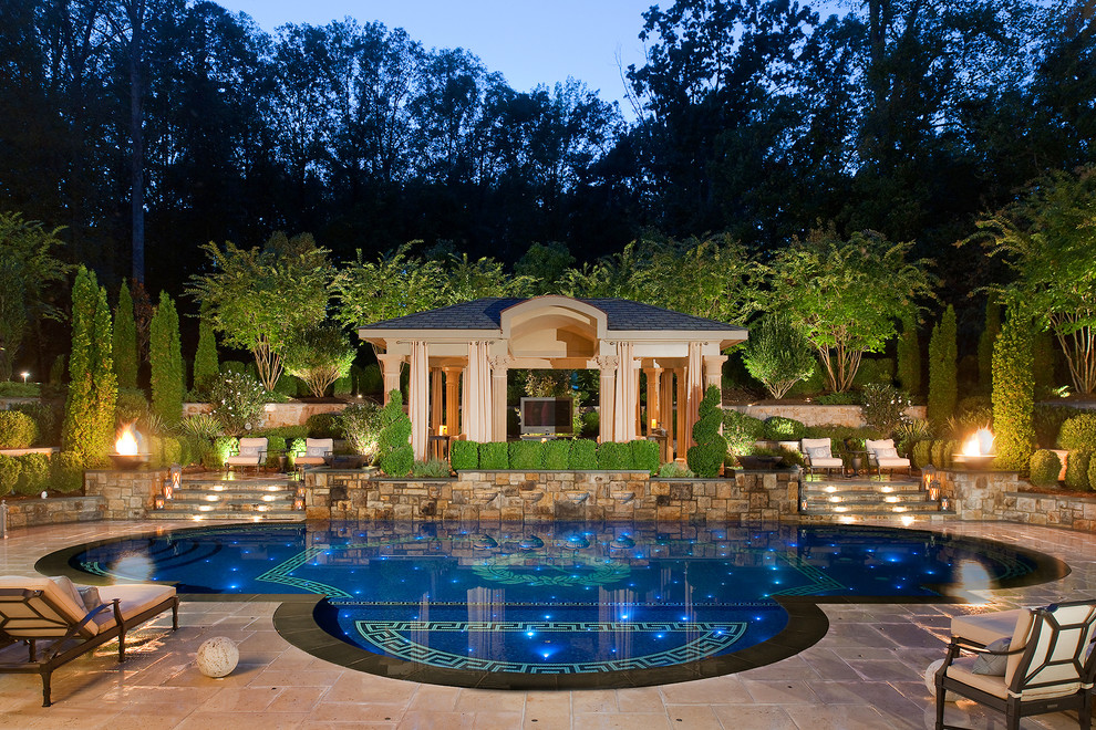 Inspiration for a mediterranean custom-shaped pool in DC Metro with a pool house.