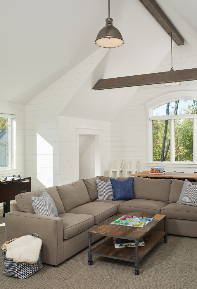 Inspiration for a beach style loft-style family room in Grand Rapids with a game room, white walls, carpet, beige floor, vaulted and planked wall panelling.