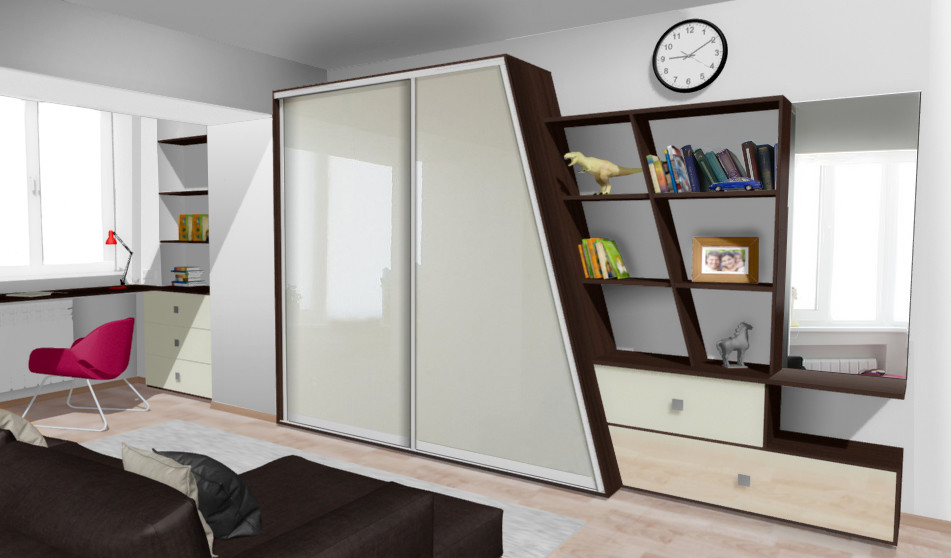 Проект двухдверного шкафа-купе с угловым завершением (полки, выдвижные ящики и з