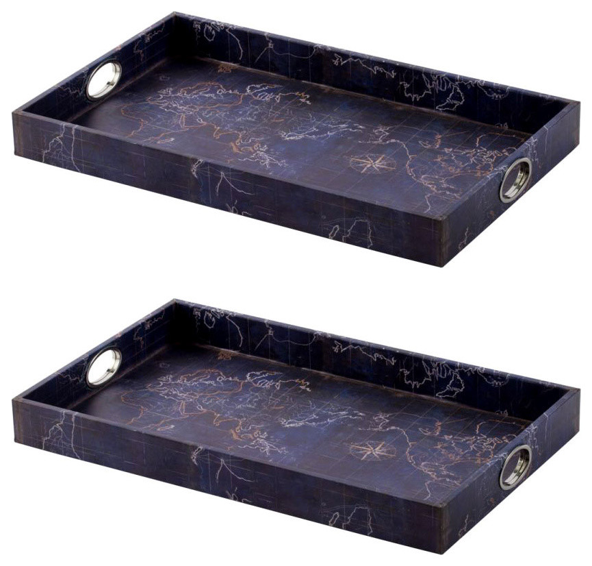 Blue Decorative Trays 25x15x2.5", Set of 2 Contemporary Serving